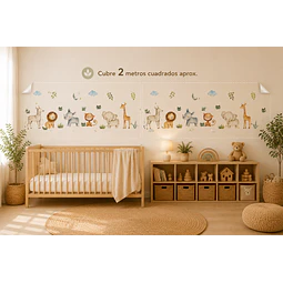 🦁 Animales en la Selva en Acuarela | Set de 4 Láminas 90x30 cm | Vinilo Sticker de Pared Infantil