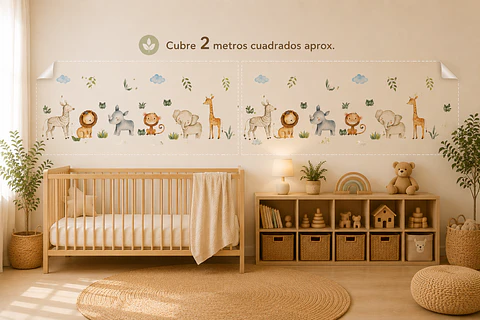 🦁 Animales en la Selva en Acuarela | Set de 4 Láminas 90x30 cm | Vinilo Sticker de Pared Infantil