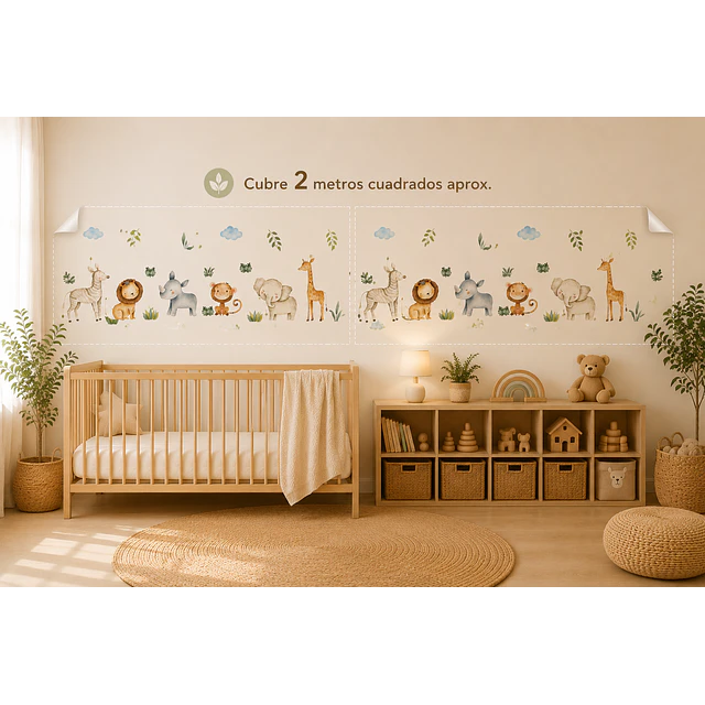 🦁 Animales en la Selva en Acuarela | Set de 4 Láminas 90x30 cm | Vinilo Sticker de Pared Infantil
