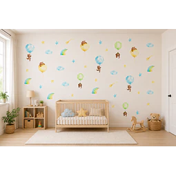 🐻 Set de Decoración Osos y Globos en Acuarela | 4 Láminas de 90x30 cm | Vinilo Decorativo Infantil