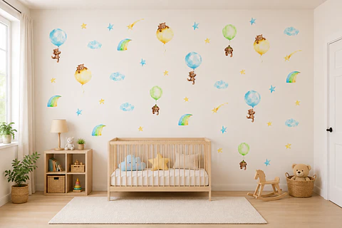 🐻 Set de Decoración Osos y Globos en Acuarela | 4 Láminas de 90x30 cm | Vinilo Decorativo Infantil