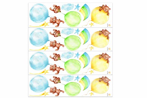 🐻 Set de Decoración Osos y Globos en Acuarela | 4 Láminas de 90x30 cm | Vinilo Decorativo Infantil