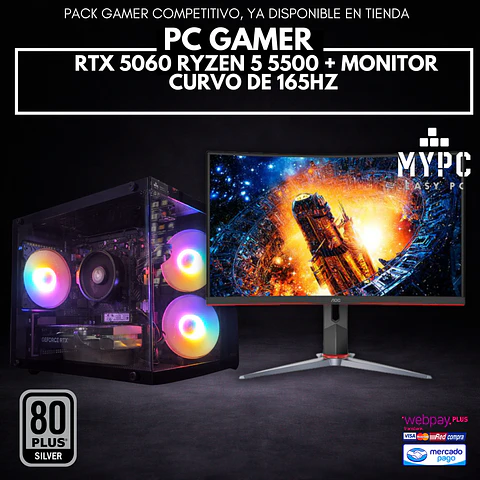 PACK Monitor 165hz + PC gamer RTX 5060 8GB | AMD Ryzen 5 5500 | SIN WIFI