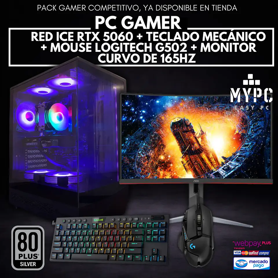 PACK Monitor 165hz + Teclado + Mouse + PC Gamer RED ICE | RTX 5060 8GB | AMD Ryzen 5 5500 | Con WIFI y BT 1