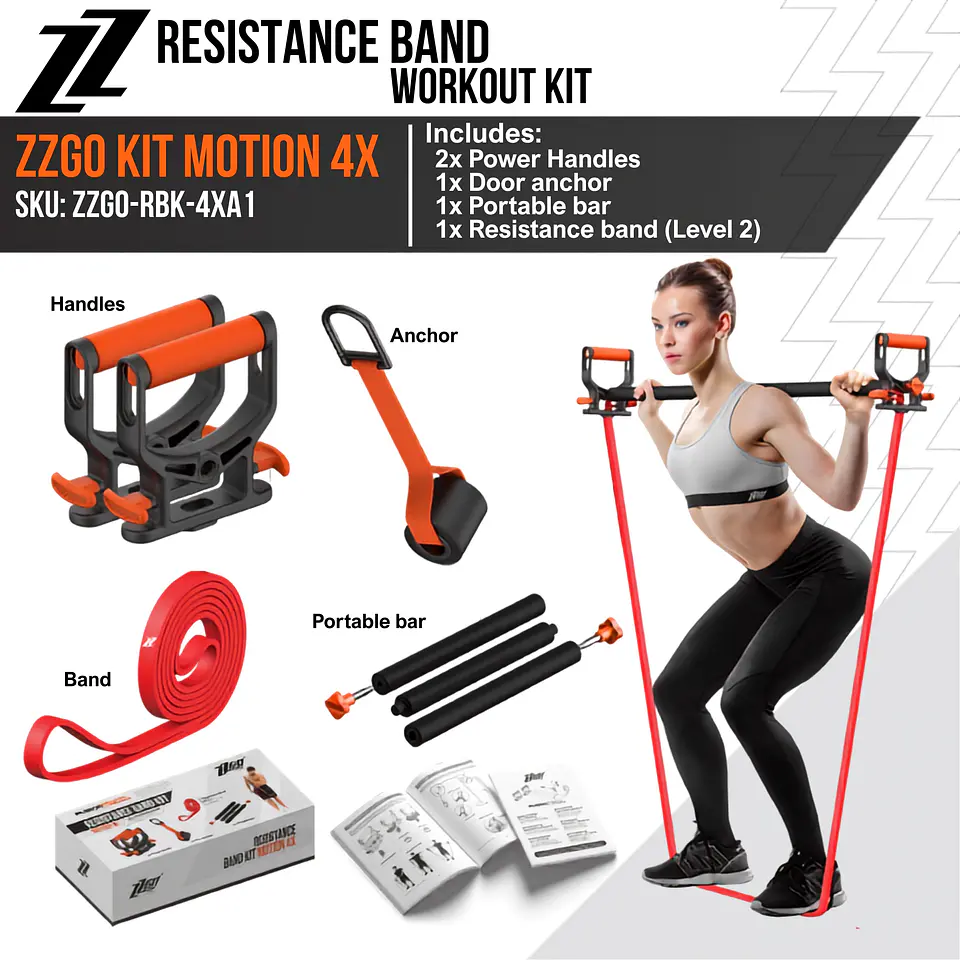 ZZGO Kit de Bandas de Resistência Motion 4X (2 Power Handles + Ancoragem de Porta + Barra Portátil + Banda) 2