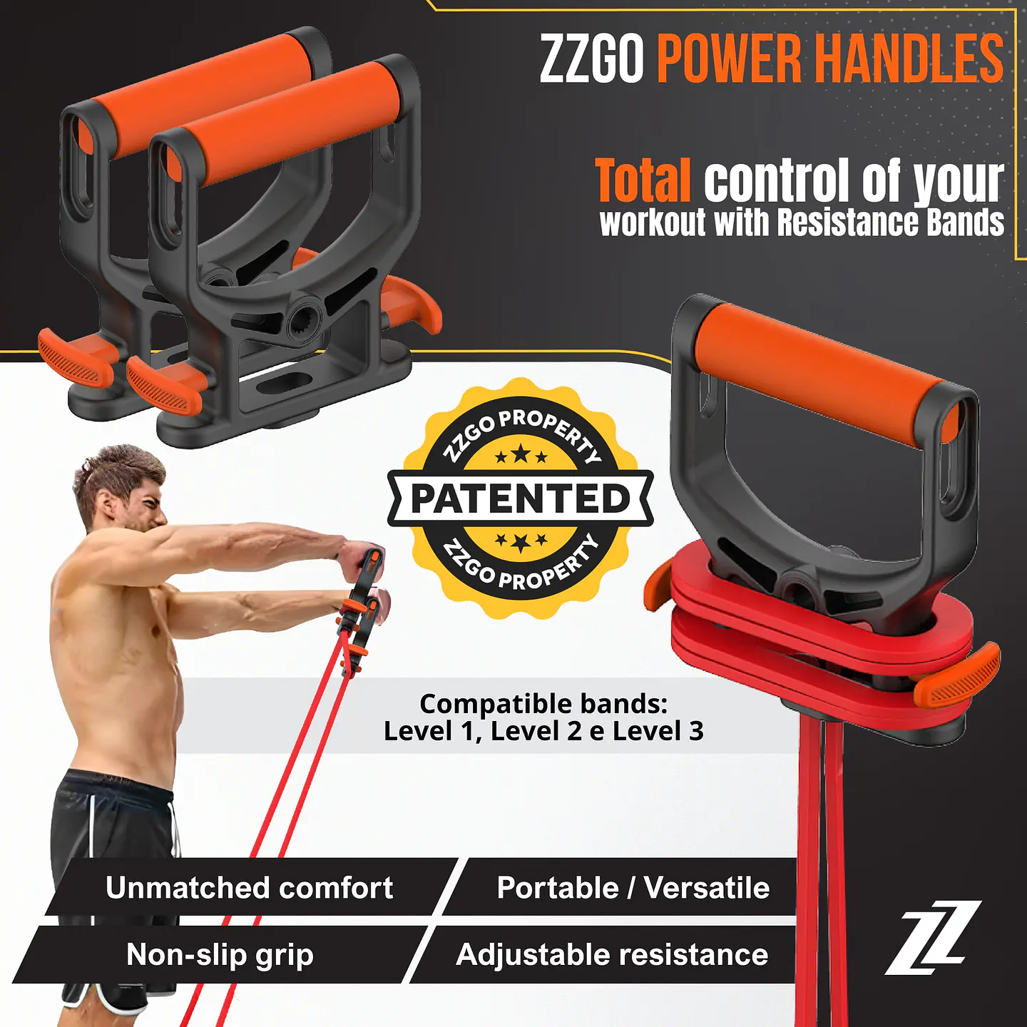 ZZGO Kit de Bandas de Resistência Motion 4X (2 Power Handles + Ancoragem de Porta + Barra Portátil + Banda) 3