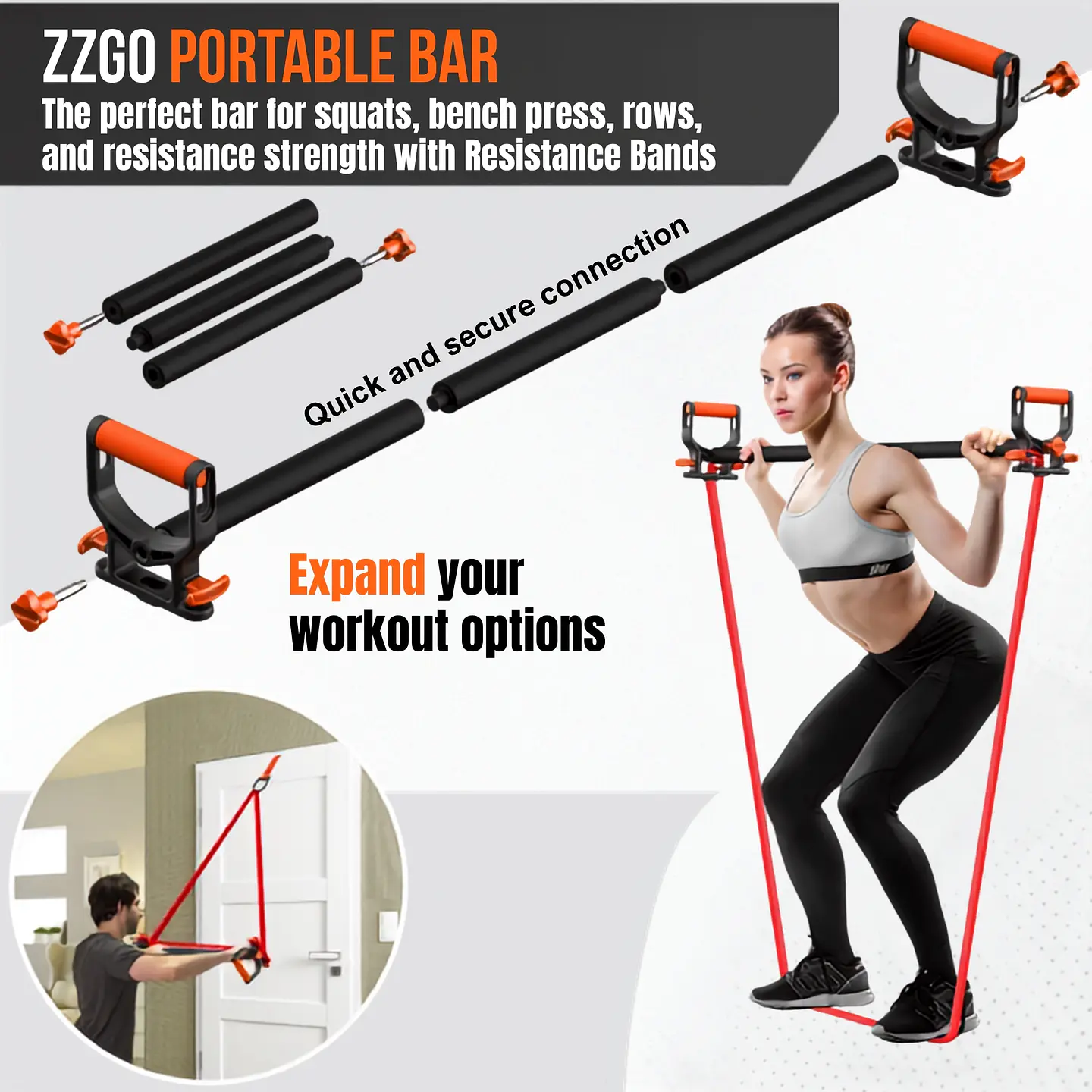 ZZGO Kit de Bandas de Resistência Motion 4X (2 Power Handles + Ancoragem de Porta + Barra Portátil + Banda) 5