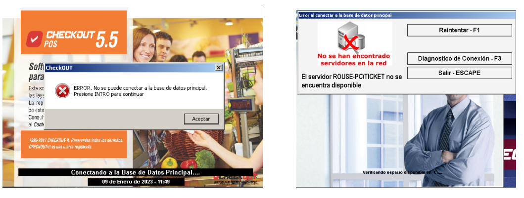 Al ingresar a CheckOUT Indica que no se puede conectar a la base de datos principal. ¿Qué debo hacer? 