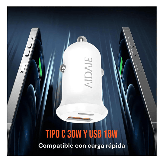 Cargador De Auto Dual USB y Tipo C Carga Rápida 30W