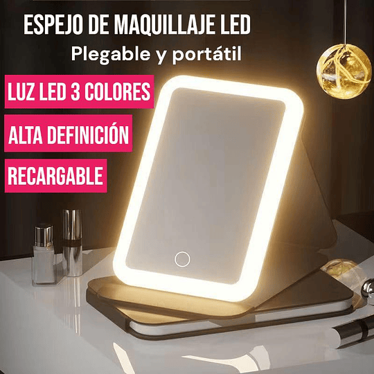  Espejo Led De Maquillaje Recargable Táctil Portátil Colores 