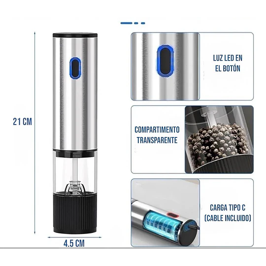 Molinillo De Pimienta Y Sal Eléctrico Recargable Led