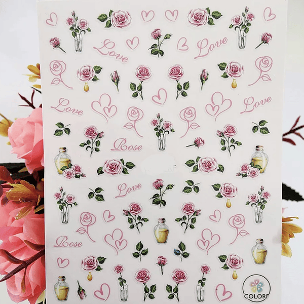 Sticker autoadhesivo flores rosas corazones