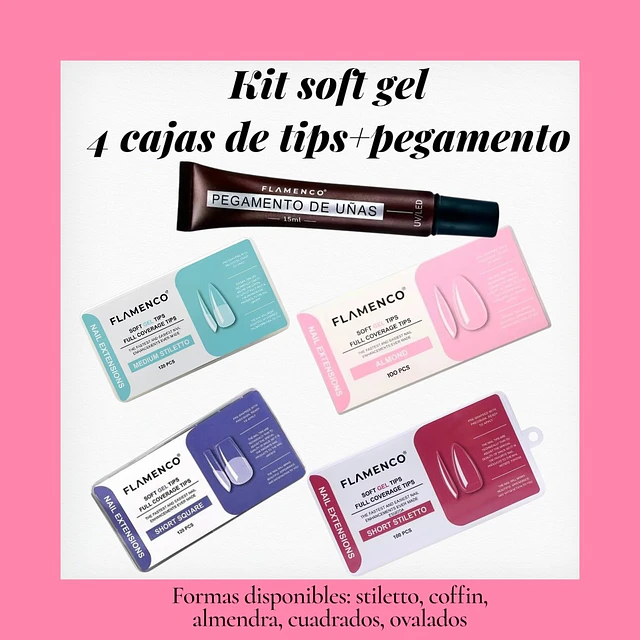 Kit soft gel 4 cajas de tips+ pegamento soft gel semi sólido 
