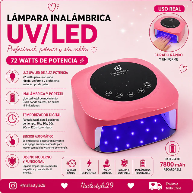 Lampara de uñas inalambrica 72 watts, marca Cherimoya 