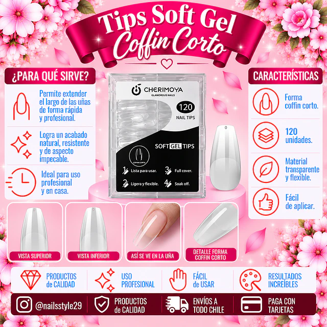 Tips soft gel 120 unidades Coffin corto  Cherimoya 