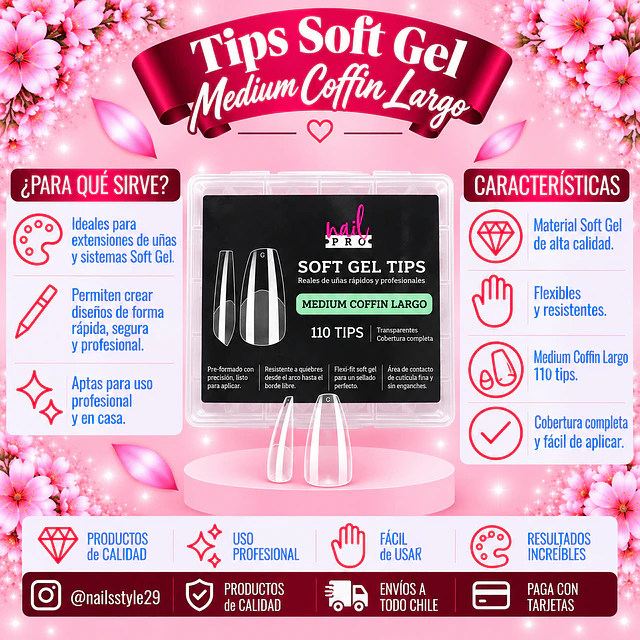 Tips soft gel Medium coffin largo Nail pro 