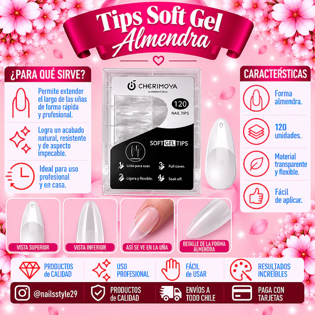Tips soft gel 120 unidades Almendra Cherimoya 