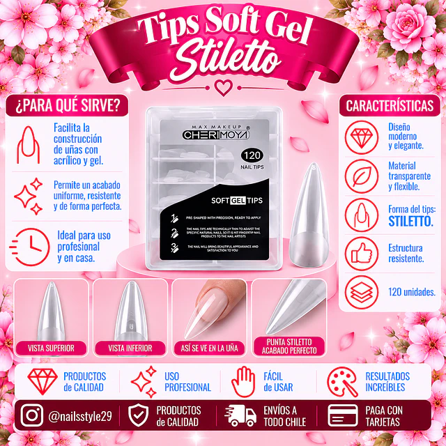 Tips soft gel 120 unidades Stiletto Cherimoya 