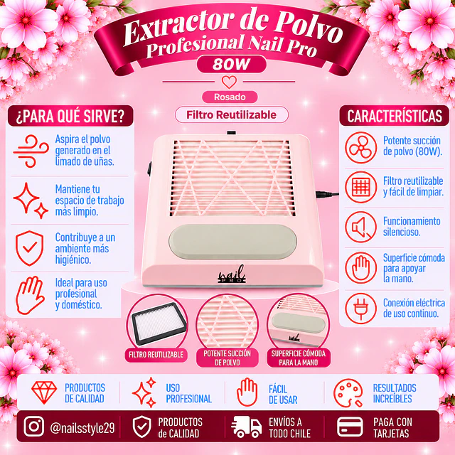 Extractor de polvo Nail pro 80 watts con filtro reutilizable 
