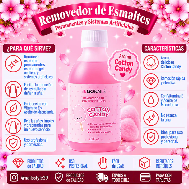 Removedor de esmaltes permanentes y sistemas, Candi contton Go nails 250ml