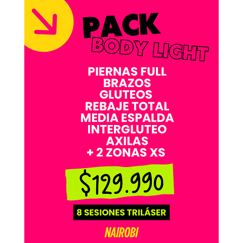 8 sesiones piernas, brazos, glúteos, media espalda, rebaje, interglúteo, axilas 2xs
