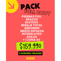 Piernas, brazos, glúteos, abdomen, media espalda, rebaje, axilas, interglúteo, 1xs