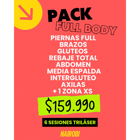 Piernas, brazos, glúteos, abdomen, media espalda, rebaje, axilas, interglúteo, 1xs