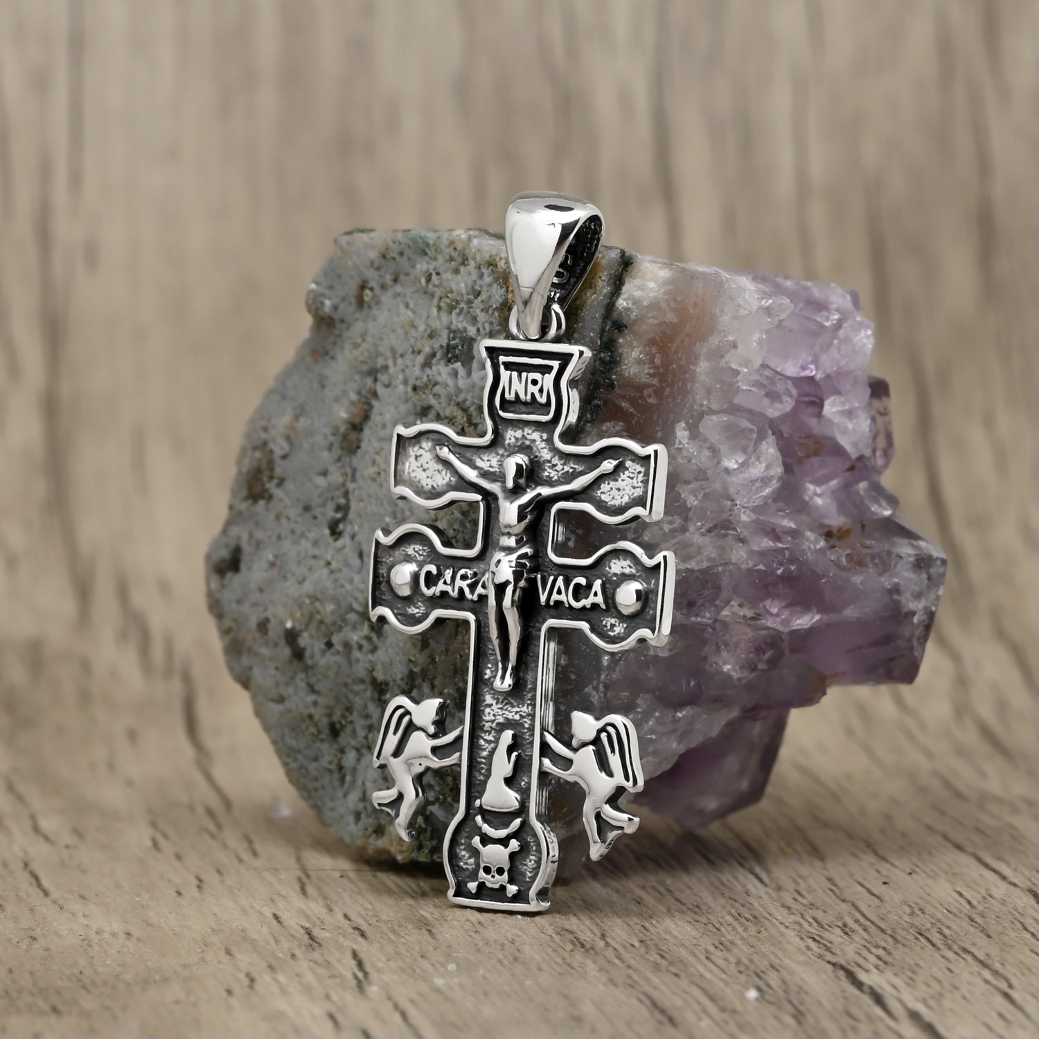 Cruz De Caravaca Collar Colgante Acero Macizo Plateado