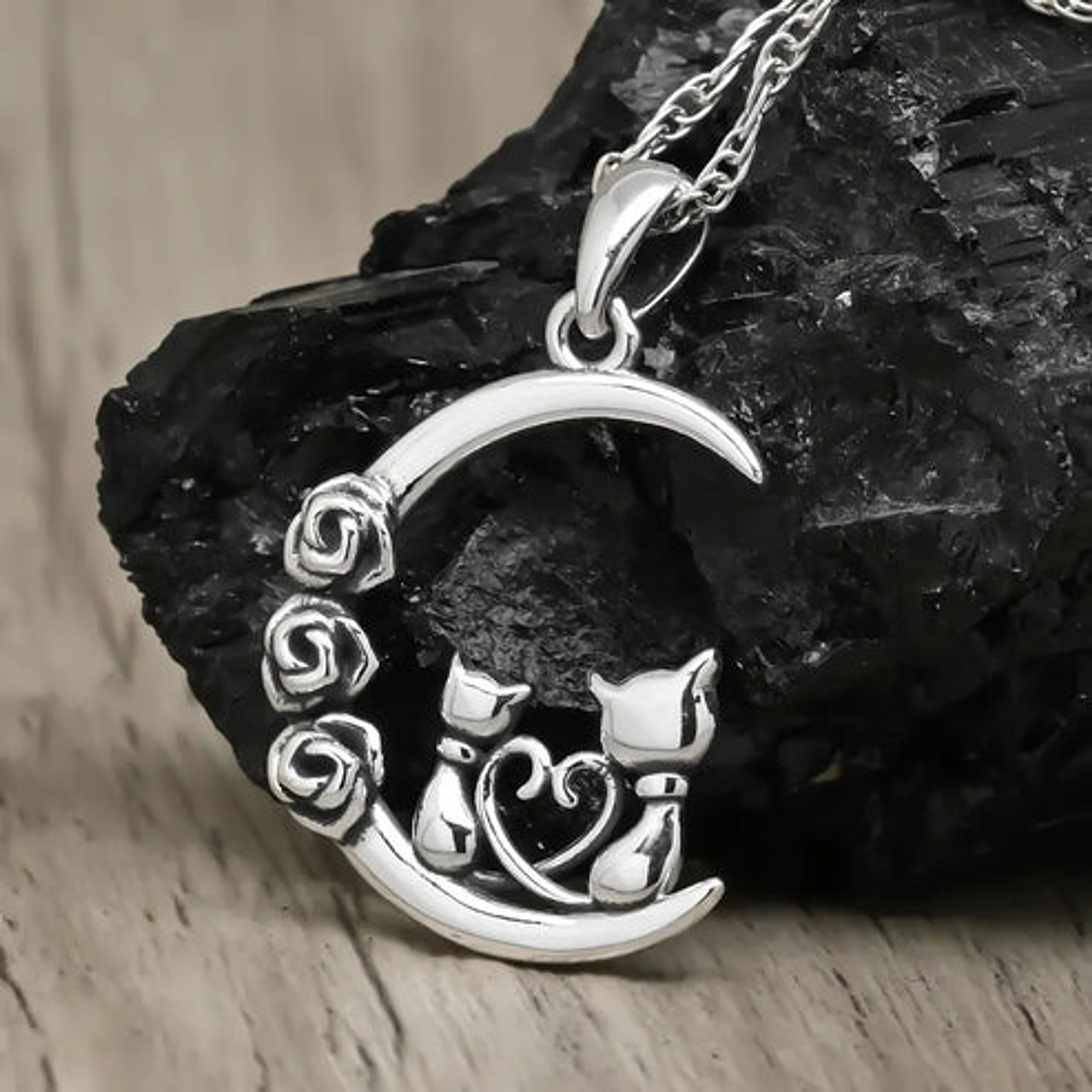 Colgante media luna pareja de gatos en plata 925 2