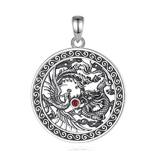Colgante ave fenix y dragon con granate en plata 925