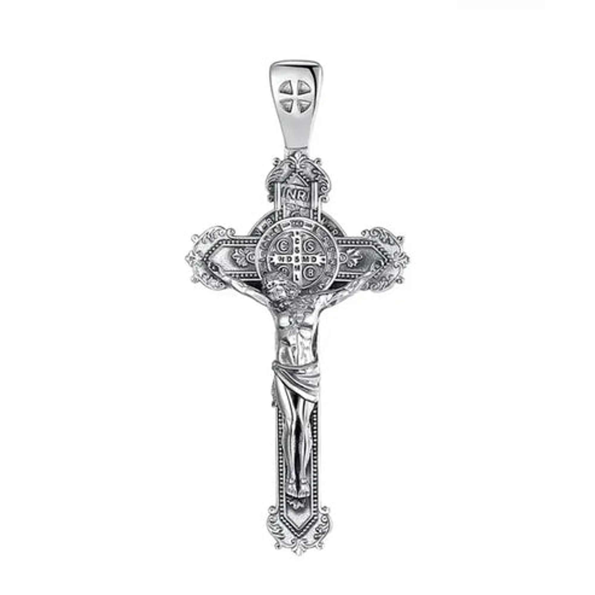 Colgante cruz San Benito maciza con cristo en plata 925 1