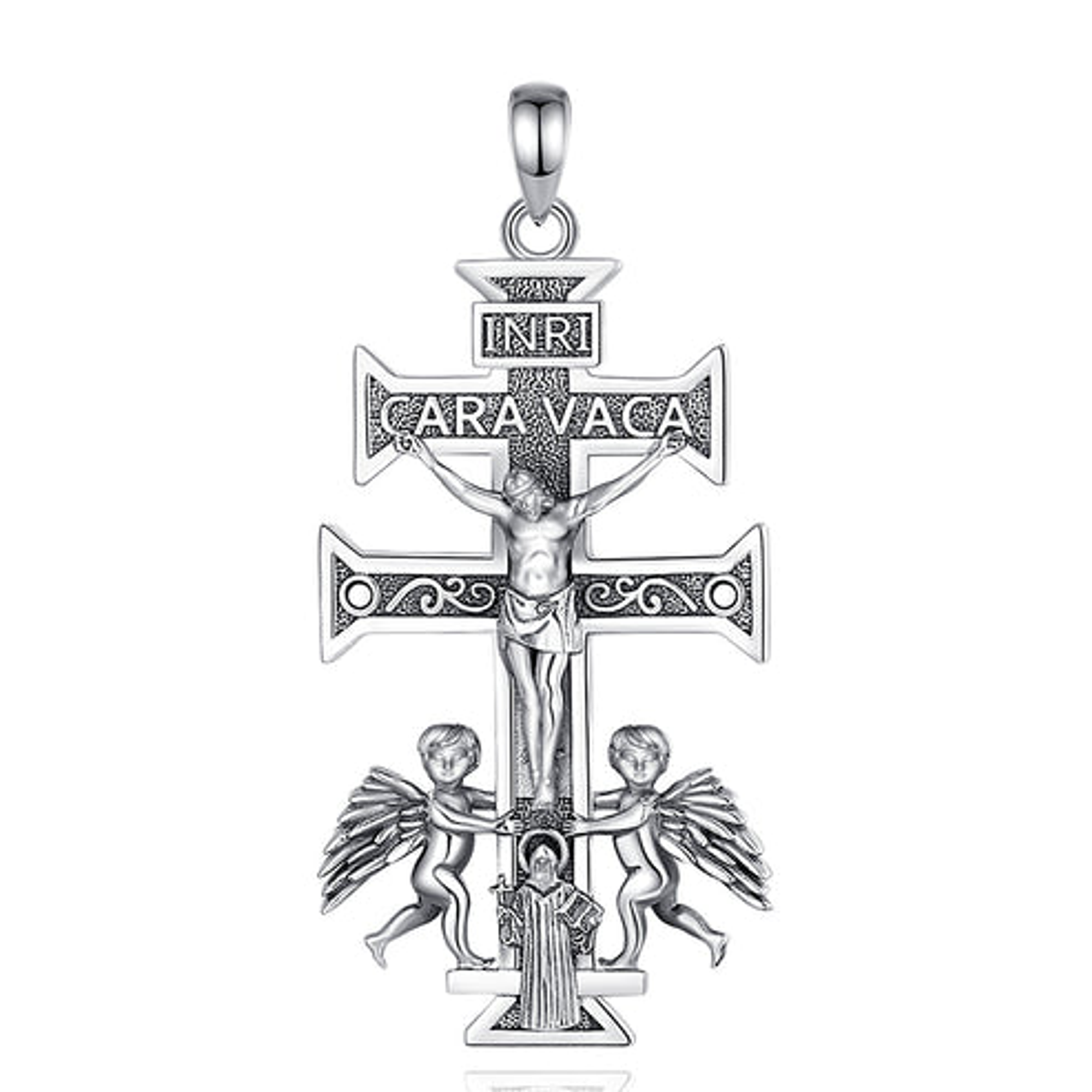 Colgante cruz de Caravaca, cruz con san Benito en plata 925 1