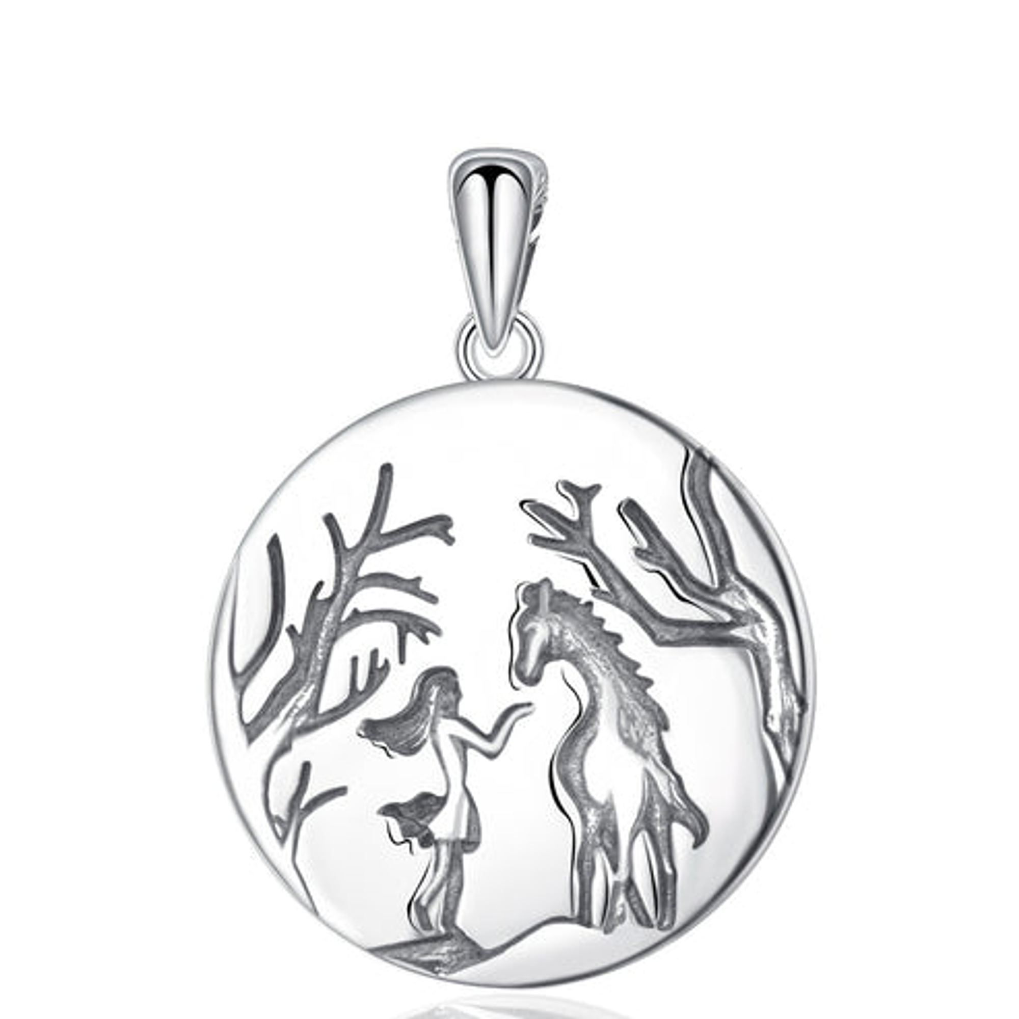 Colgante medalla de amor caballo y mujer en plata 925 1