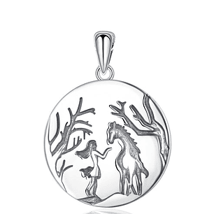 Colgante medalla de amor caballo y mujer en plata 925