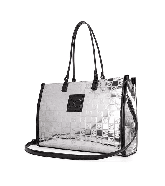 Bolsa Tote Grande Cloe Acabado Metálico Color Plata
