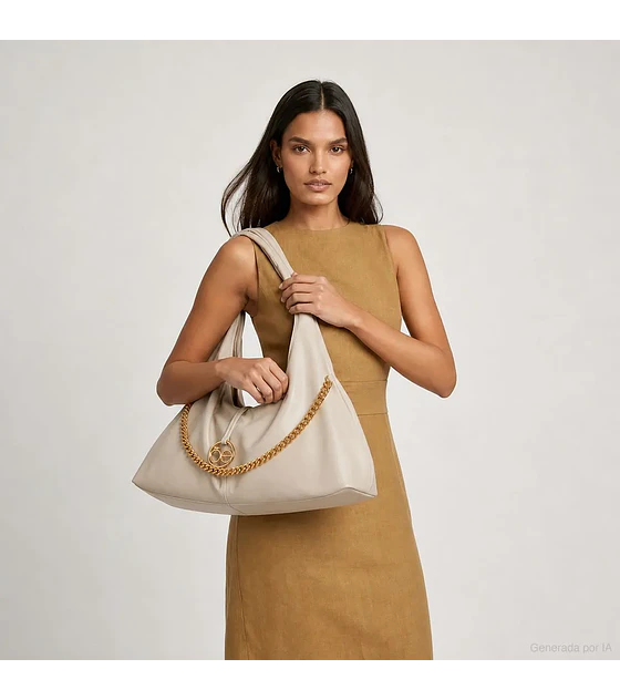 Bolsa Cloe Hobo Maxi Con Cadena Decorativa Color Beige