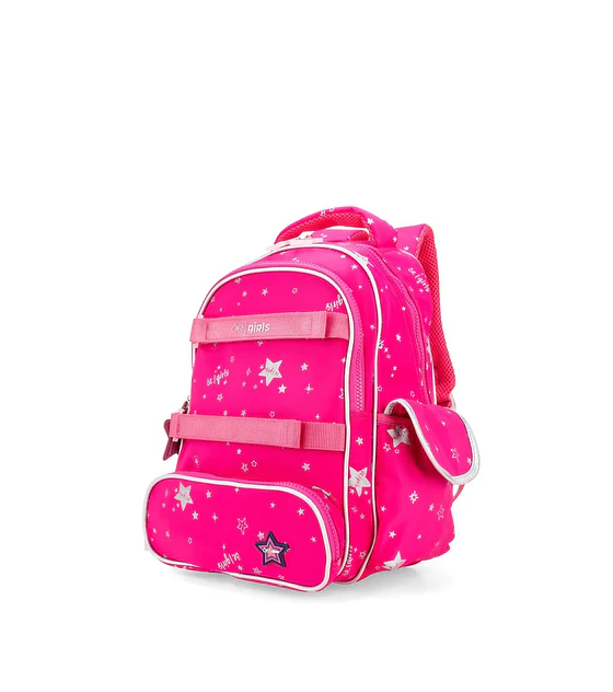 Backpack hecho con material textil. Cuenta con cierres de larga duración. Porta Ipad de 11 plg. Diseño de Oe Girls. Compartimentos frontales con cierre. Compartimentos laterales. Asas traseras ajustab