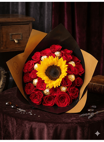 Ramo de rosas girasol y chocolates Ferrero