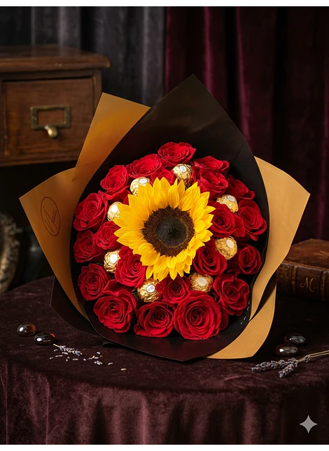 Ramo de rosas girasol y chocolates Ferrero