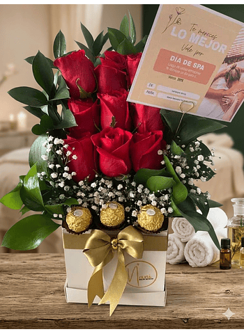 Caja cubo con rosas y chocolate ferrero