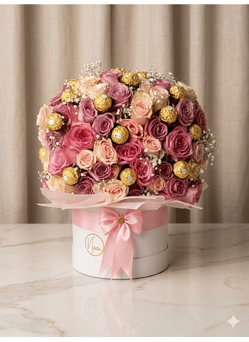 Arreglo de rosas con chocolates Ferrero Rocher 