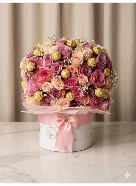 Arreglo de rosas con chocolates Ferrero Rocher 