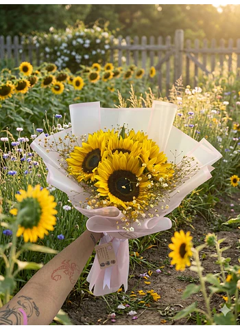 Ramo de girasoles  Decorados con gypsophilia y papel coreano 