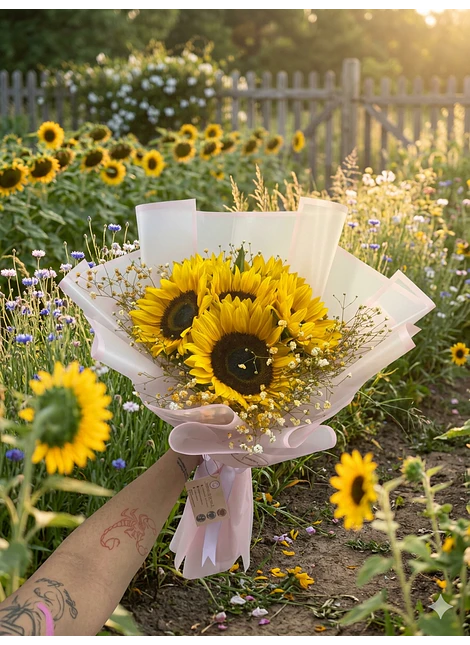 Ramo de girasoles  Decorados con gypsophilia y papel coreano 