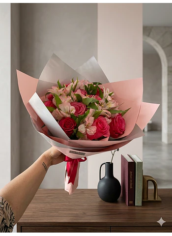 Ramo de rosas con astromelias surtido 