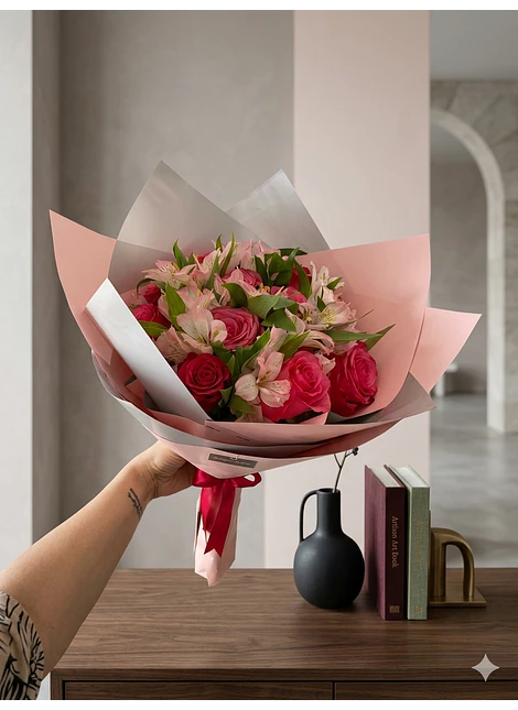 Ramo de rosas con astromelias surtido 