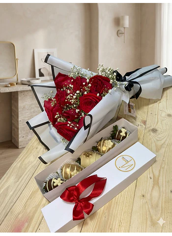 Ramos de rosas con gipsófilas mas caja de fresas con chocolate