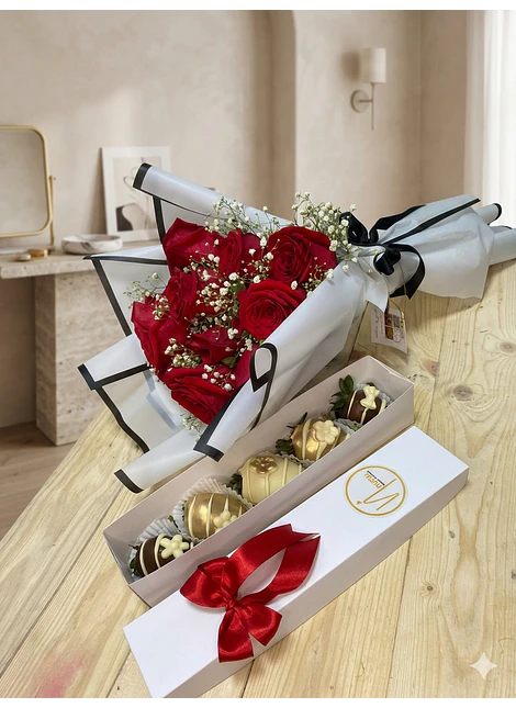 Ramos de rosas con gipsófilas mas caja de fresas con chocolate