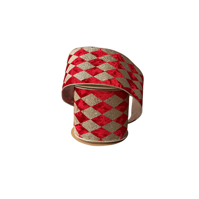 Rollo de cinta ancha gamuzada roja con rombos dorados
