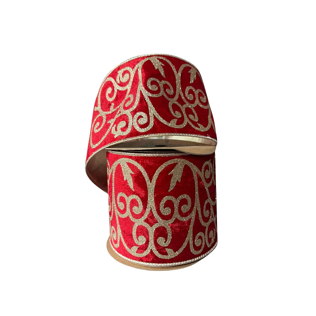 Cinta gamuzada roja con estampado dorado